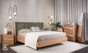 κρεβάτι με γκρι ύφασμα στο κεφαλάρι από ξύλο Ελιάς Θέμις Ελιά Rustic