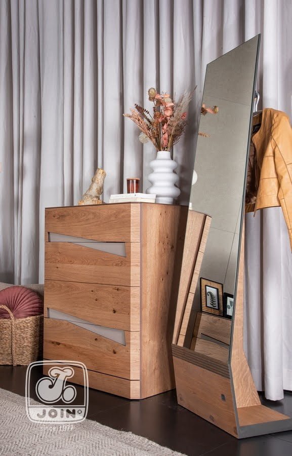 συρταριέρα και καθρέπτης κρεβατοκάμαρας από ξύλο Ελιάς Rustic Θέμις by Join